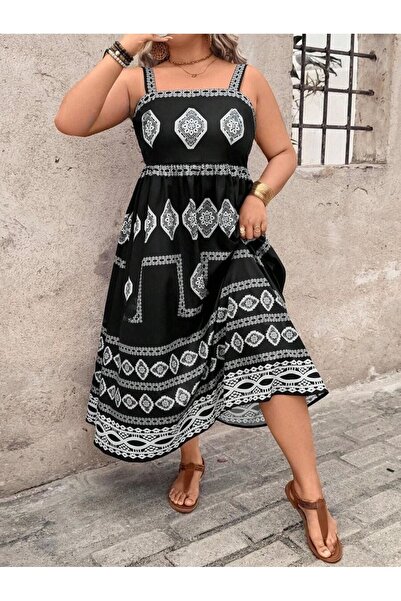 Iuliashop Black Sibel Midi Dress with White Print - Plus Sizes - 44