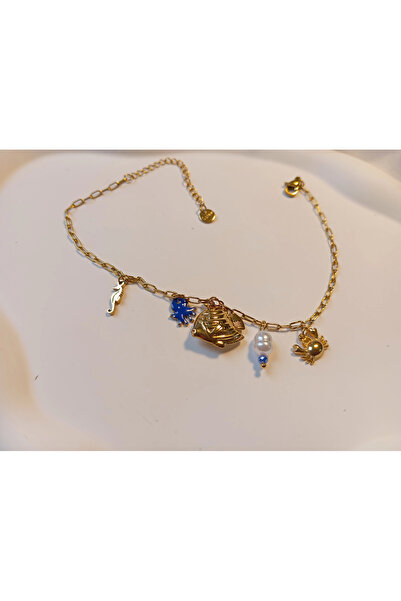 stainless steell Sea World Figured Gold Steel Anklet with Pearls (22-27 cm)