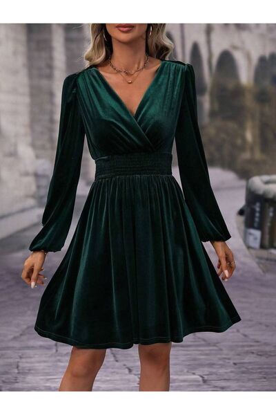 Iuliashop Rochie scurtă de catifea verde Adina - L