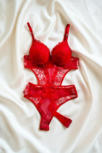 Luvensa Kırmızı Transparan Detaylı Dolgulu Çıtçıtlı Bodysuit Babydoll