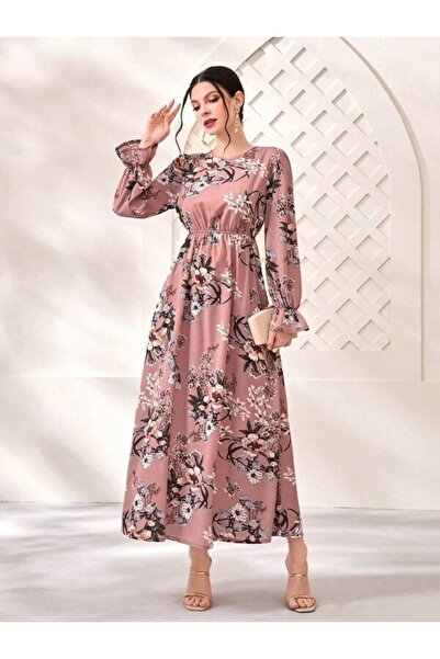 Iuliashop Rochie lungă roz Thecla cu imprimeu floral - M