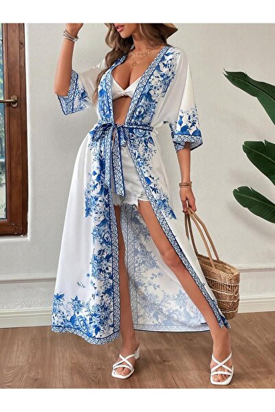 Iuliashop White Gisa Long Cardigan with Blue Floral Pattern - M