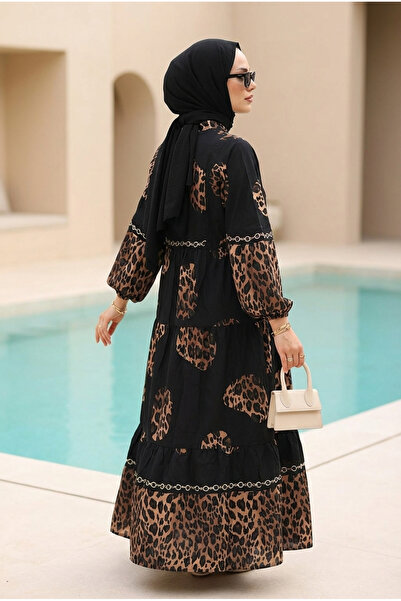 Kirazca Butik Γυναικείο μακρύ φόρεμα Βισκόζη Λεοπάρ μοτίβο τεμαχίων, χαλαρό, ...