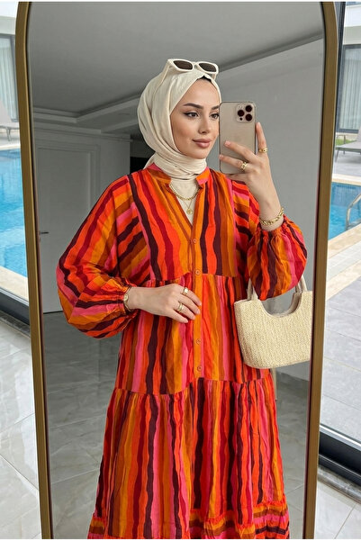 Kirazca Butik Rochie Hijab lungă în cu model straturi pentru femei, cu guler ...