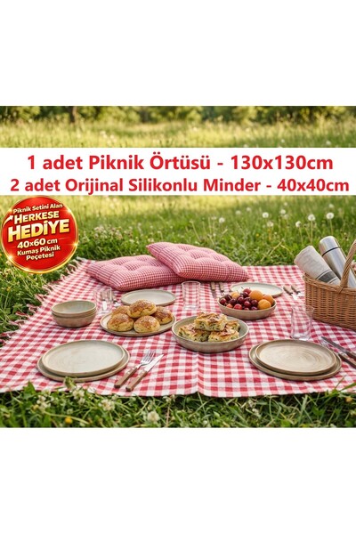 serelya Kırmızı Kareli Piknik Seti 130x130 cm Orjinal Silikon Minderli Piknik...