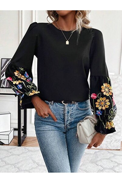 Iuliashop Bluză de damă Linna neagră cu broderie multicoloră - XL