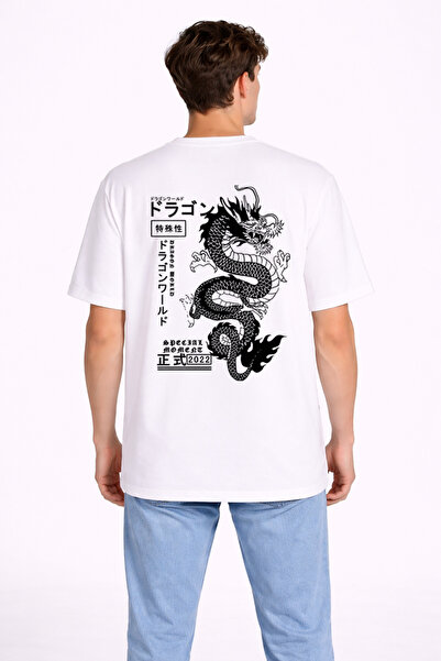 NEVERMIND Oversize Erkek Tişört Arkası Baskılı Dragon Japon Style Streetwear Beyaz Grafik