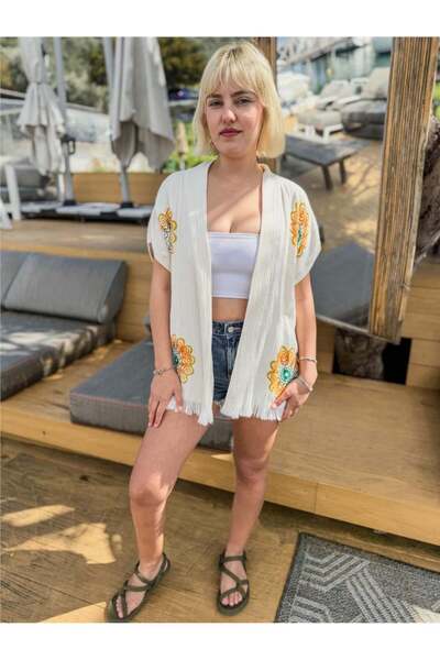 Miss Boheme Cream Color Mandala Hand-Printed Patterned Muslin Short Kimono