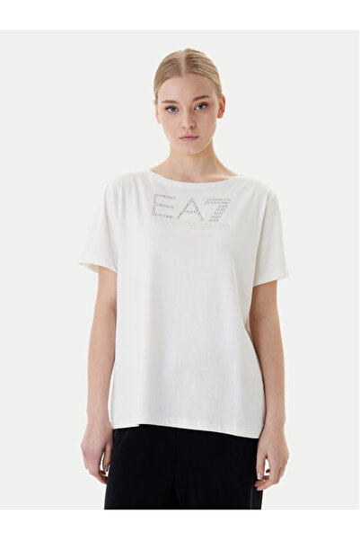 EA7 Women's Chest Stone Detailed Logo Patterned Cotton Round Neck Short Sleev...