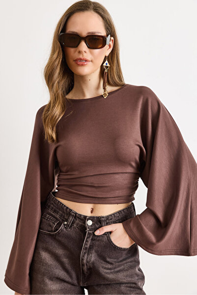 Olalook Γυναικεία Καφέ Μπλούζα με Ντραπέ Λεπτομέρεια και Φαρδιά Μανίκια BLZ-1...