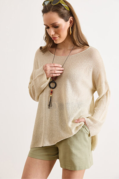 Olalook Women's Stone Boat Neck Mercerized Collared Draped Knitwear Blouse Bl...