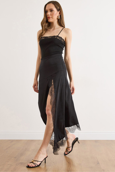 Olalook Γυναικεία μαύρη ασύμμετρη φούστα με δαντέλα και λεπτομέρειες Sandy ET...