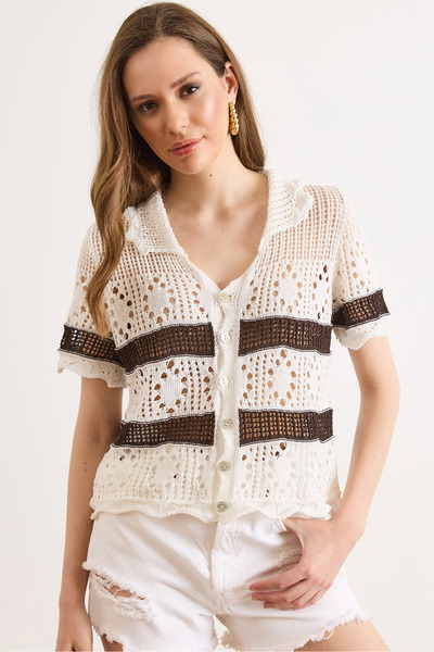 Olalook Women's White Coffee Polo Collar Openwork Mercerized Shirt Gml-19001434