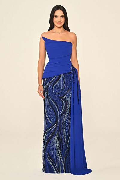 ALFABETA Strapless Top Asymmetrical Cut Crepe Skirt Sequin Long Evening Dress...