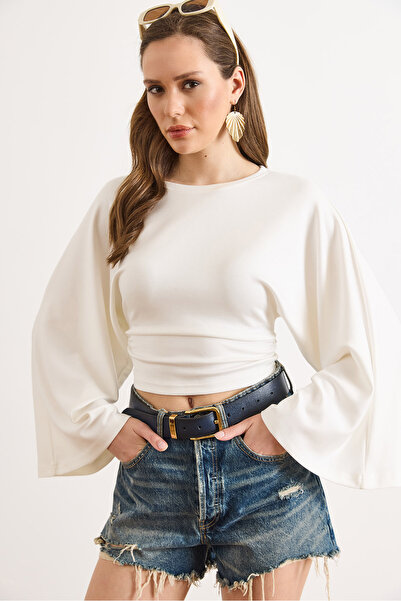 Olalook Γυναικεία Μπλούζα Εκρού με Ντραπέ Λεπτομέρεια και Φαρδιά Μανίκια BLZ-...