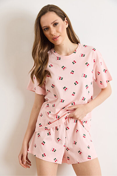 Olalook Γυναικεία πιτζάμα σε ροζ κερασί χρώμα, 100% βαμβακερή, με σορτς PJM-0...