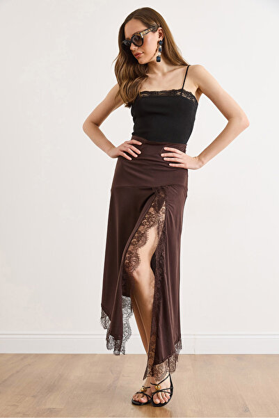 Olalook Γυναικεία καφέ ασύμμετρη φούστα με σχισμή και λεπτομέρεια από δαντέλα...