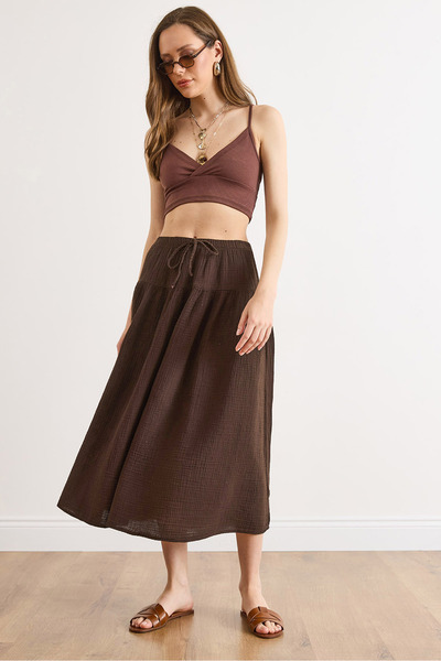Olalook Women's Brown Elastic Waist Muslin Skirt with Stitching Detail Etk-19...