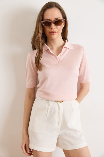 Olalook Women's Pink Polo Collar Viscose Draped Mercerized Blouse Blz-19003300