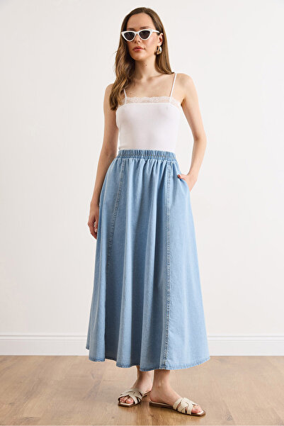 Olalook Γυναικεία ανοιχτό μπλε τζιν μάξι φούστα με τσέπες ETK-19000410