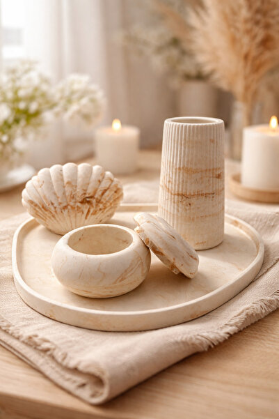 StoneVia Doğal Mermer Desenli Dekoratif Set – Tepsi, Vazo ve Mumluklu Şık Sun...