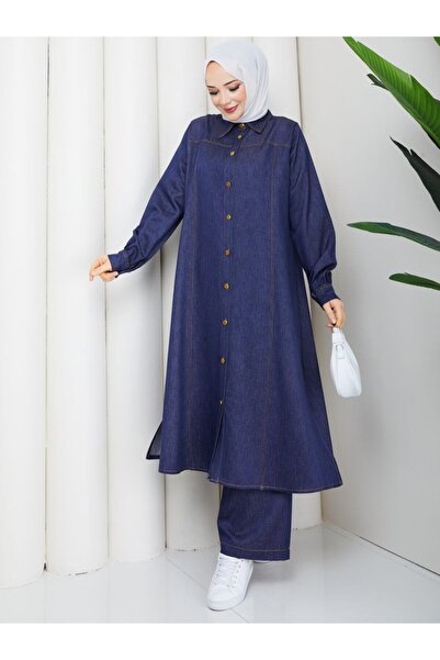 asyadabutik Γυναικείο Μακρύ Πουκάμισο και Παντελόνι Μεγάλου Μεγέθους, Σετ Τζι...