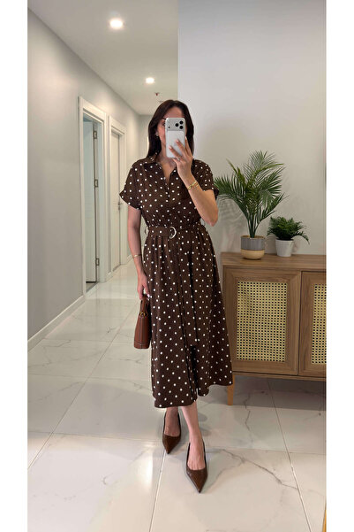 BİRCANÇİL Φόρεμα Bensira σε καφέ και λευκό με πουά και λεπτομέρεια ζώνης, κον...