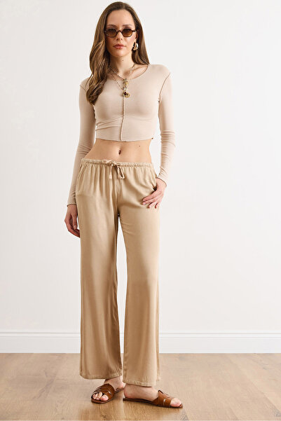 Olalook Γυναικείο Μπεζ Παντελόνι Βισκόζης με Λεπτή Ελαστική Μέση, Πλυμένο και...