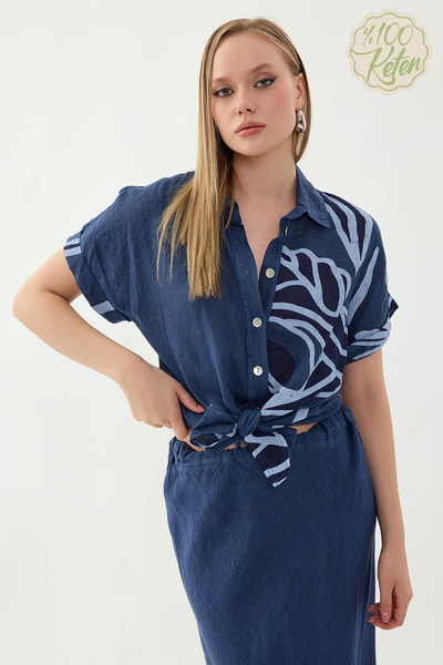 Vitrin 100% Linen Tie-Front Single-Sided Floral Pattern Short Sleeve Shirt