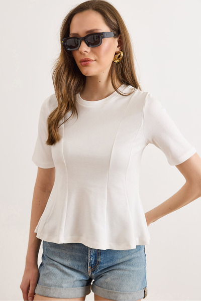 Olalook Women's White Crew Neck Peplum Cotton T-Shirt Tsh-19000975