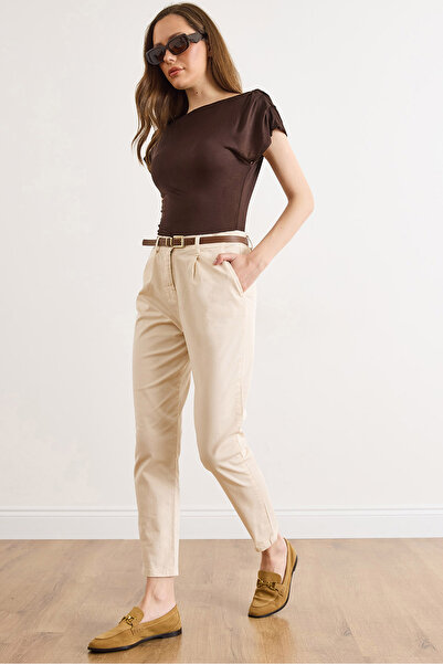 Olalook Γυναικείο παντελόνι από βαμβάκι σε χρώμα καρότο με πέτρινη ζώνη, τσέπ...