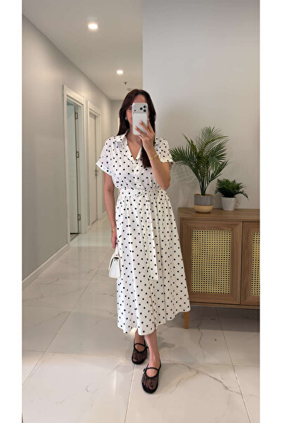 BİRCANÇİL Φόρεμα Bensira Λευκό Μαύρο με Πουά και Λεπτομέρεια Ζώνης, Κοντομάνικο