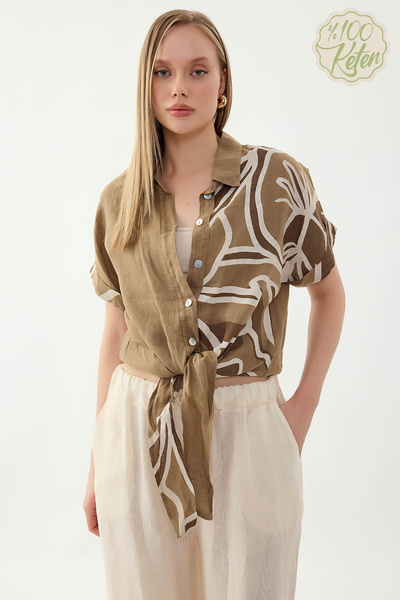 Vitrin 100% Linen Tie-Front Single-Sided Floral Pattern Short Sleeve Shirt