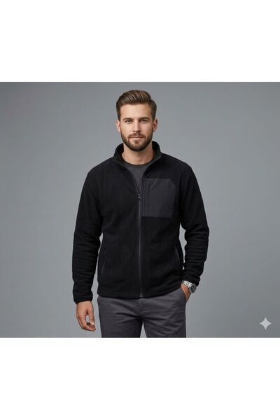 barozzi Men's Black Fleece Jacket with 3 Pockets, Full Zipper Front, Detailed...