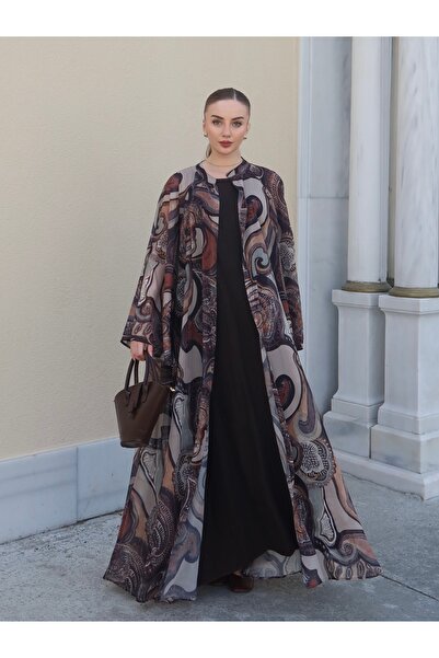 Ranasubaşı Patterned Wide Sleeve Abaya Brown