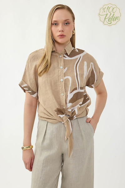 Vitrin 100% Linen Tie-Front Single-Sided Floral Pattern Short Sleeve Shirt