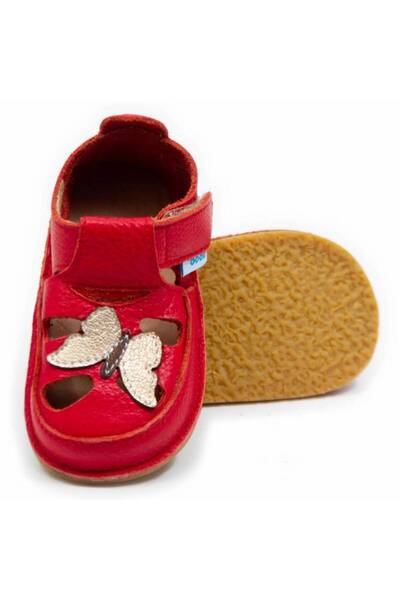 DODO SHOES Sandale copii barefoot Fluturas, Culoare Rosu-Gr din piele natural...
