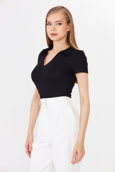 HDM Kadın Siyah Polo Yaka Fitilli Günlük Bluz - H6038