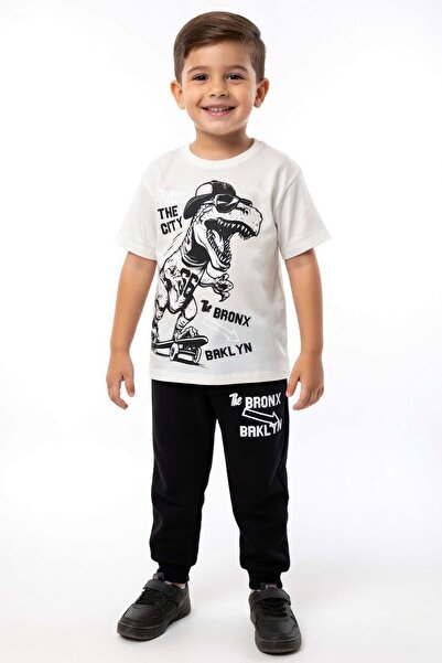 Riccotarz Boy's Black Pajama Set with Lettering and Skateboard Dino Print and...