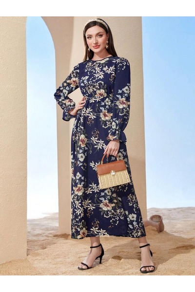 Iuliashop Rochie lungă Oriana bleumarin cu imprimeu floral - L
