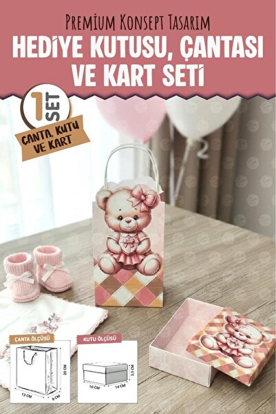 t tuğset etiket Premim Konsept Hediye Kutusu Çantası Kartı Seti Baby Shower Yeni Doğan Bebek Hediyelik Seti Pembe-T1