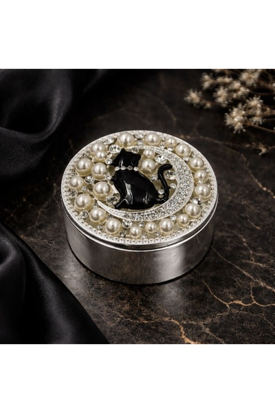 Azay Στρογγυλή κοσμηματοθήκη 7 εκ. με διακοσμήσεις με σχέδια γάτας και μαργαρ...