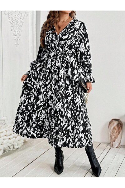 Iuliashop Rochie midi Black Bess cu imprimeu alb - Mărimi mari - 44