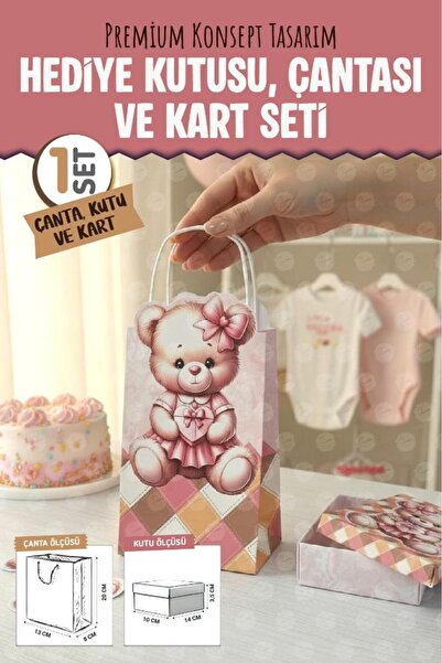 t tuğset etiket Premim Konsept Hediye Kutusu Çantası Kartı Seti Baby Shower Yeni Doğan Bebek Hediyelik Seti Pembe-T1