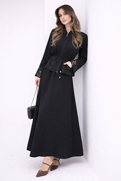 benguen Σετ Ποπλίνα Χιτζάμπ με Δαντελένια Μανίκια N8110 Μαύρο