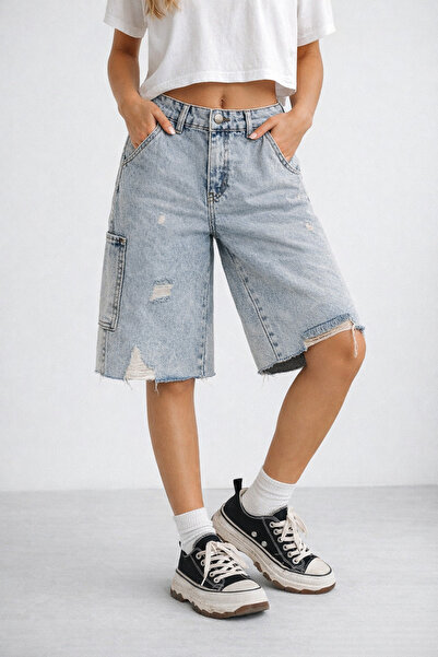 1434 Polo State Γυναικείο σορτς Bermuda από τζιν με φαρδιά εφαρμογή, σκισίματ...