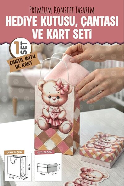 t tuğset etiket Premim Konsept Hediye Kutusu Çantası Kartı Seti Baby Shower Yeni Doğan Bebek Hediyelik Seti Pembe-T1