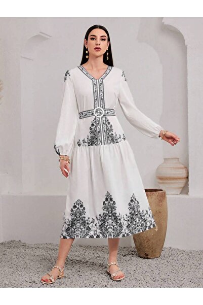Iuliashop Rochie midi albă Pelira cu imprimeu gri - S