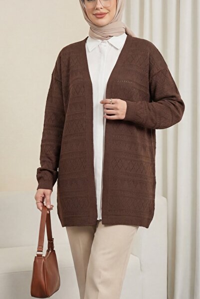 Modamorfo Ζακέτα πλεκτή διάτρητη με μικτά σχέδια - καφέ