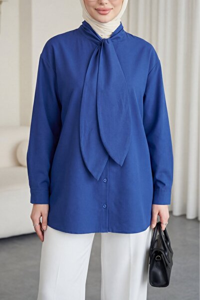 Modamorfo Πουκάμισο ποπλίνα oversize με δεμένο γιακά και κουμπιά - μπλε ναυτικό